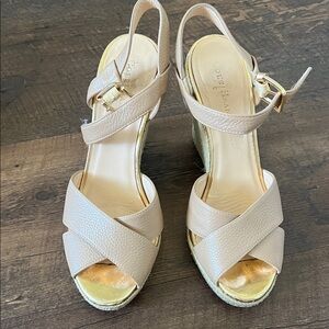 Cole Haan Neutral Beige Cross-Strap Wedge Sandals with Gold Footbed